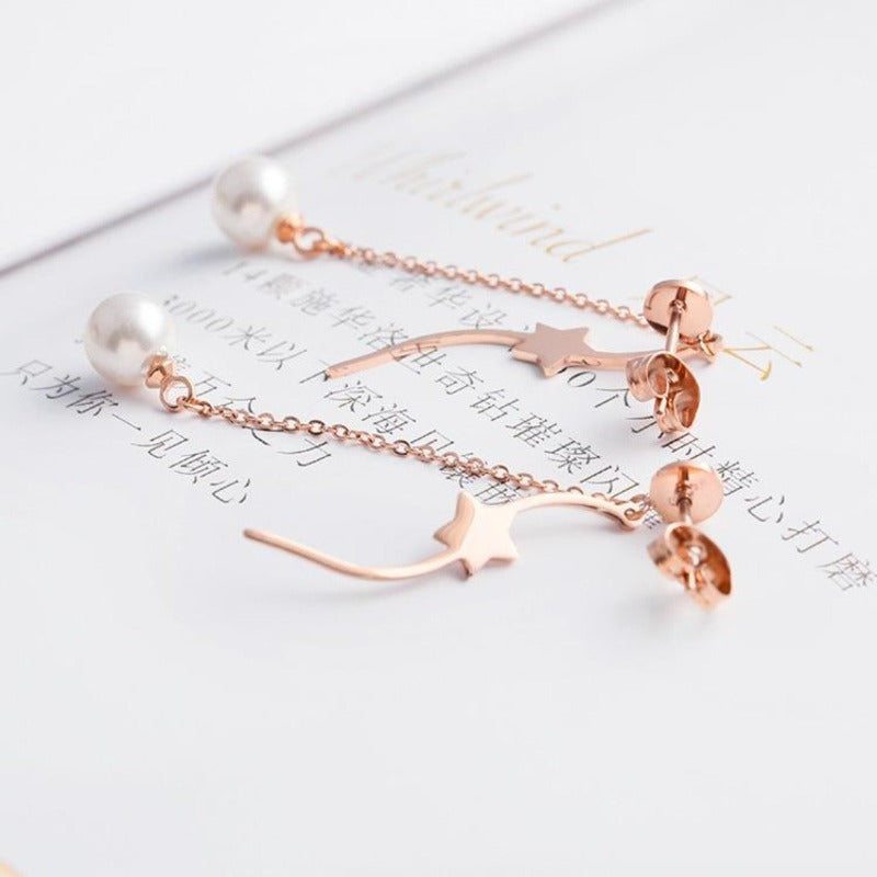 Chain & Curved Bar Stainless Steel Rose Gold Pearl Drop Earrings