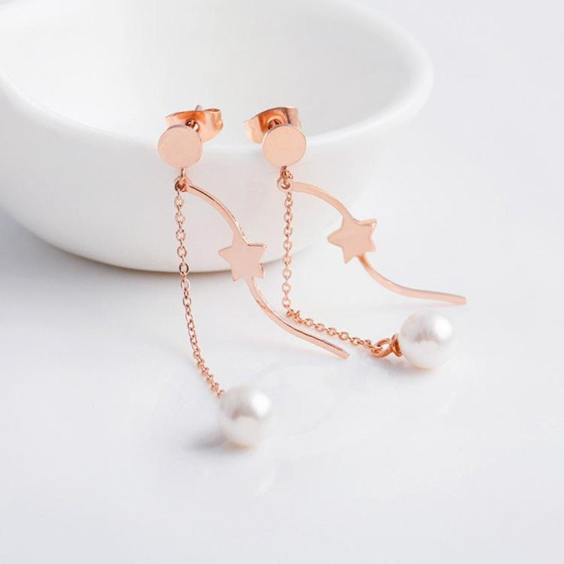 Chain & Curved Bar Stainless Steel Rose Gold Pearl Drop Earrings