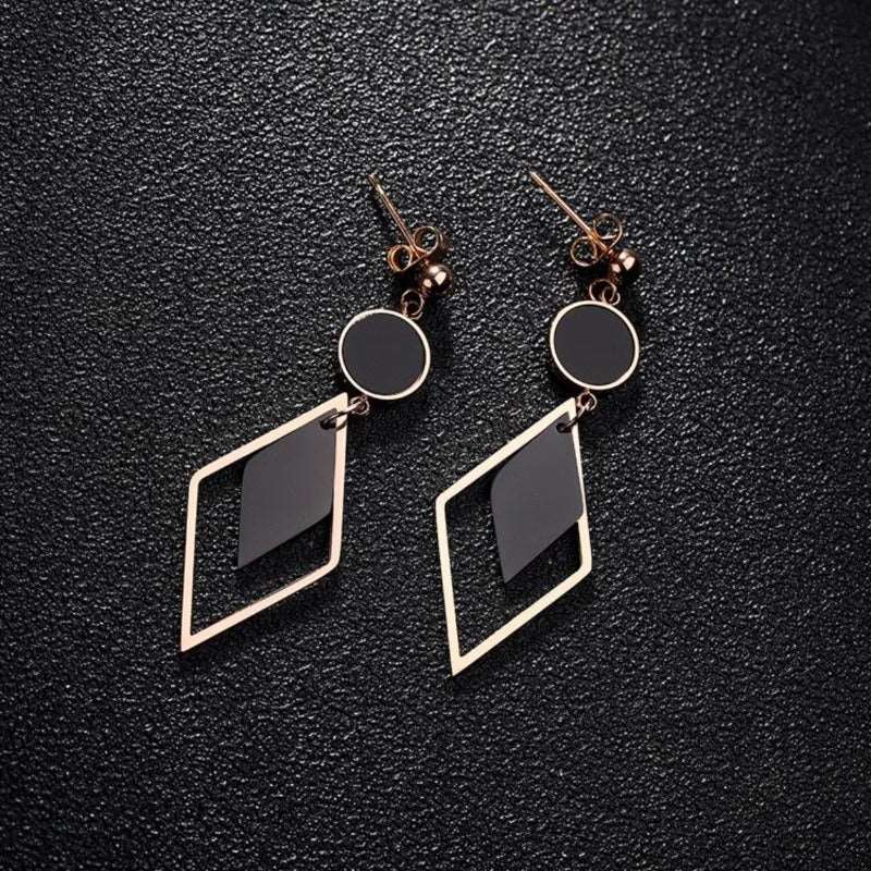 Geometric Black and Rose Gold Stainless Dangle Earrings