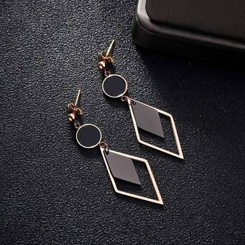 Geometric Black and Rose Gold Stainless Dangle Earrings