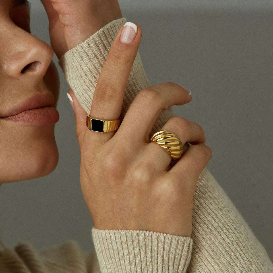 Unisex Black Signet 18K Gold Plated Ring