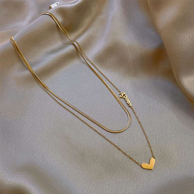 Love Heart Pendant Double Layer Snake Chain Necklace