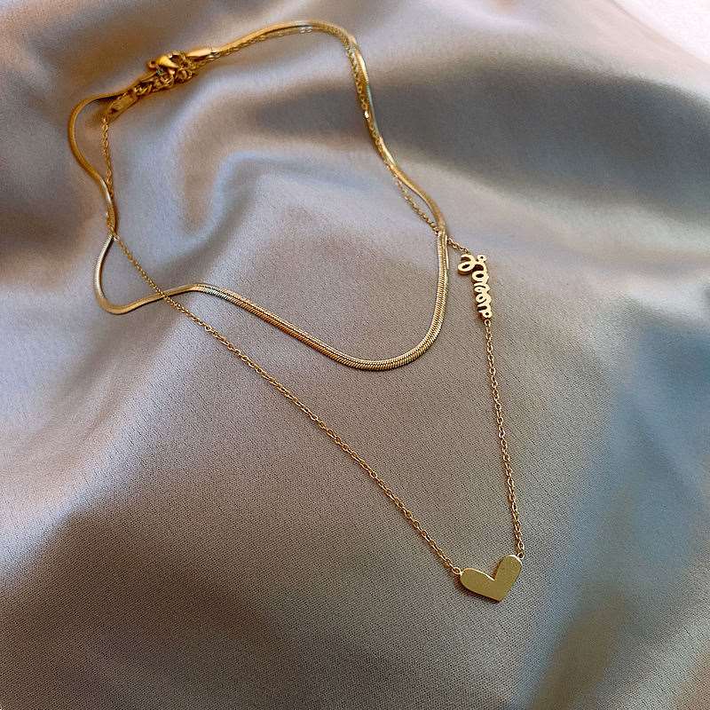 Love Heart Pendant Double Layer Snake Chain Necklace