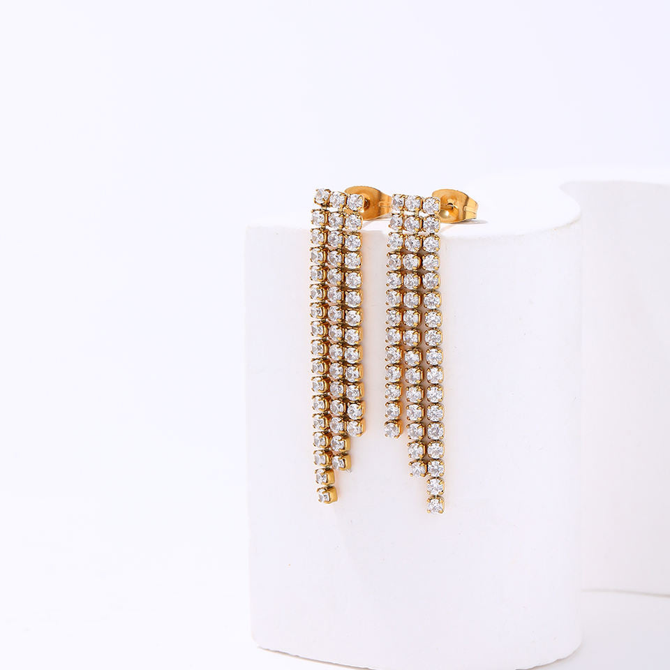 Tennis CZ 18K Gold Plated Tassel Earrings