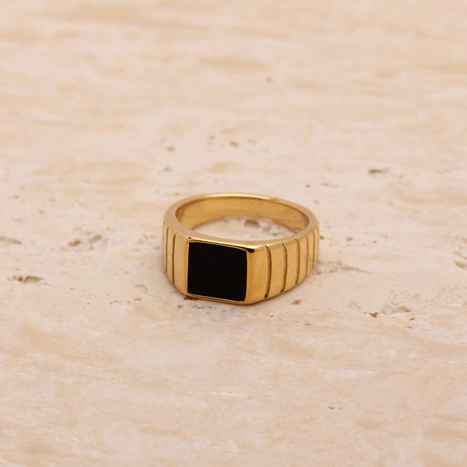 Unisex Black Signet 18K Gold Plated Ring