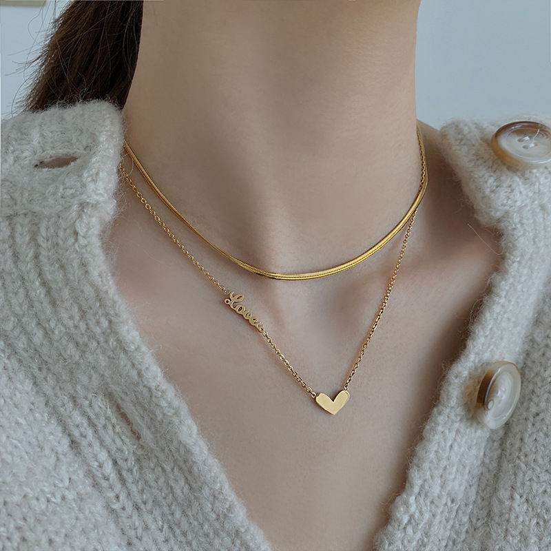 Love Heart Pendant Double Layer Snake Chain Necklace
