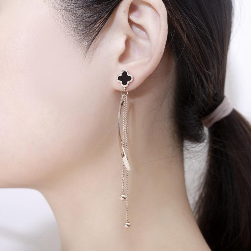 Long Chain Curved Bar Rose Gold Plated Earrings