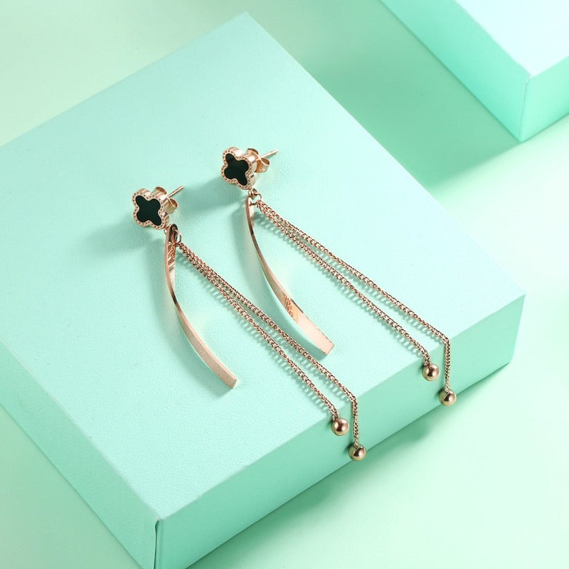 Long Chain Curved Bar Rose Gold Plated Earrings