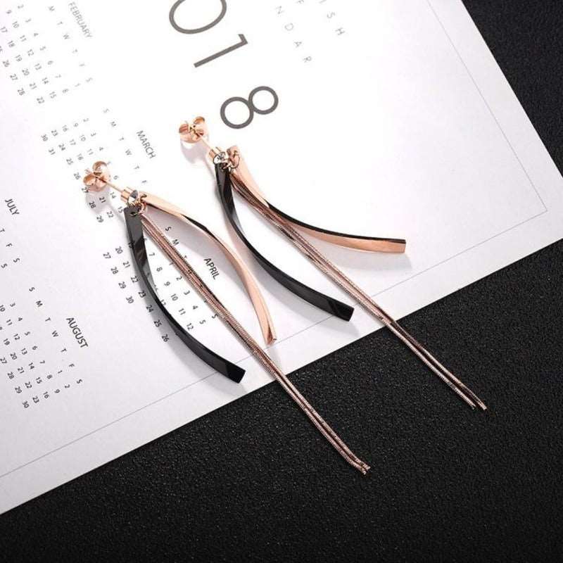 Long Curved Bar Rose Gold Earrings