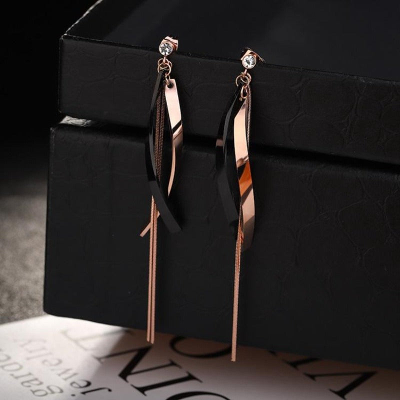 Long Curved Bar Rose Gold Earrings