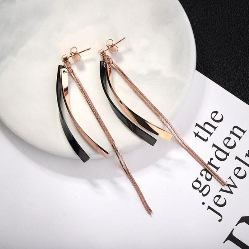 Long Curved Bar Rose Gold Earrings