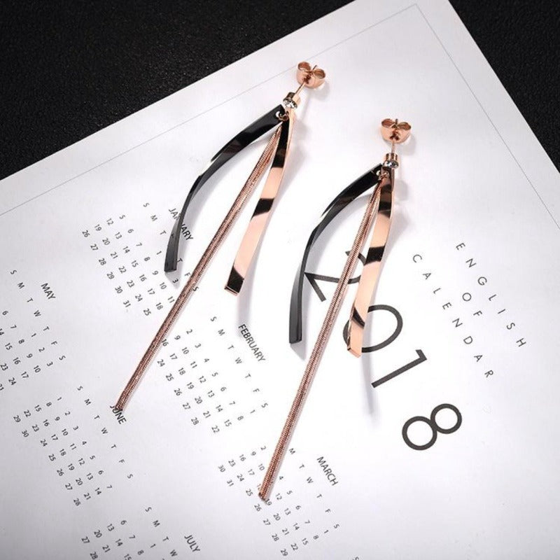 Long Curved Bar Rose Gold Earrings