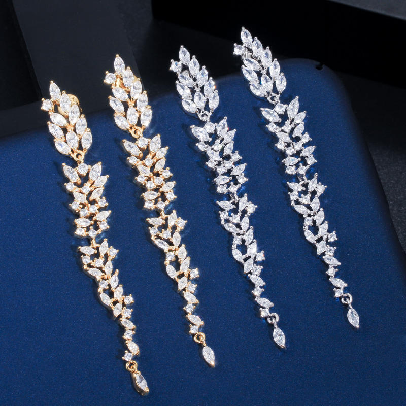 Leaf Design Cubic Zirconia Dangle Earrings