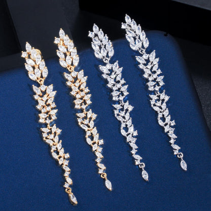 Leaf Design Cubic Zirconia Dangle Earrings