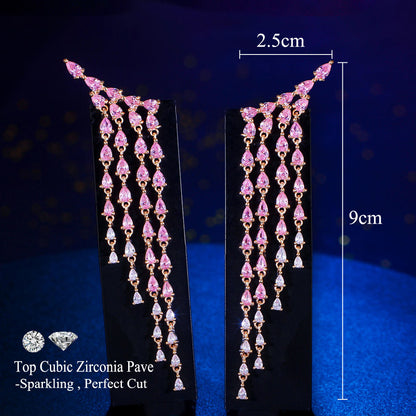 Pink Long Tassel Earrings | Cubic Zirconia