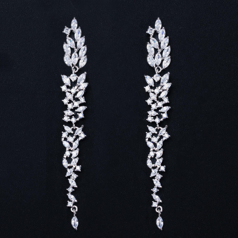 Leaf Design Cubic Zirconia Dangle Earrings