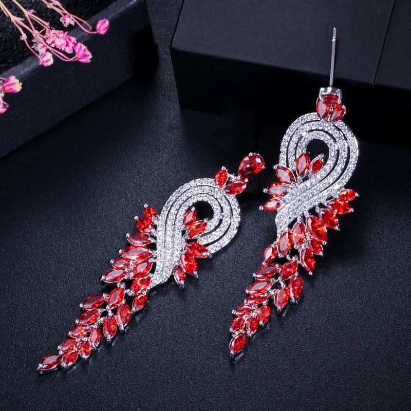 Long Leaf Shape Cubic Zirconia Drop Earrings