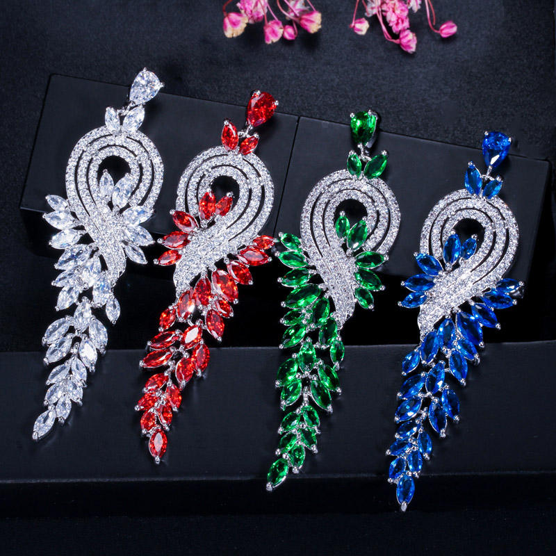 Long Leaf Shape Cubic Zirconia Drop Earrings