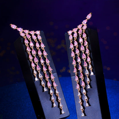 Pink Long Tassel Earrings | Cubic Zirconia