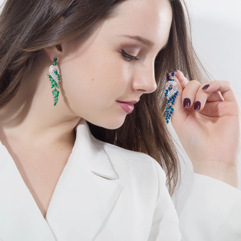 Long Leaf Shape Cubic Zirconia Drop Earrings