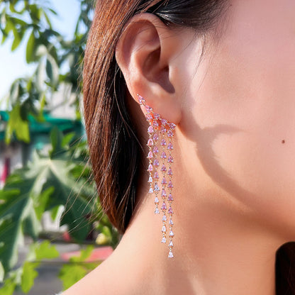 Pink Long Tassel Earrings | Cubic Zirconia