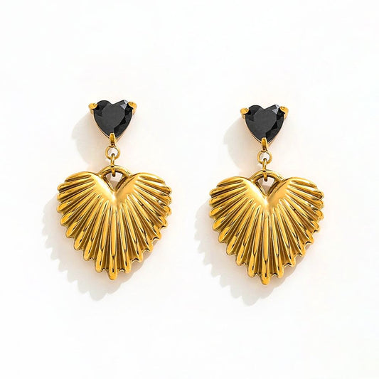 Black Heart Drop Earrings | 18K Gold Plated
