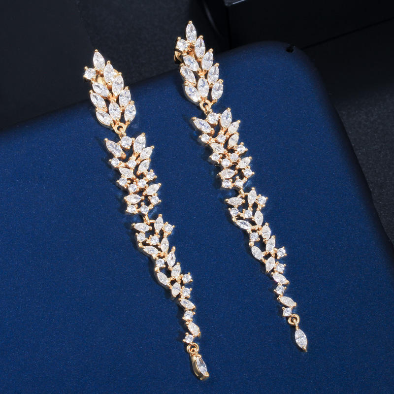 Leaf Design Cubic Zirconia Dangle Earrings