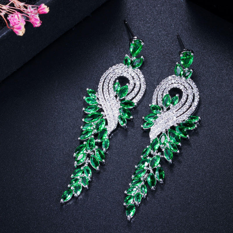 Long Leaf Shape Cubic Zirconia Drop Earrings