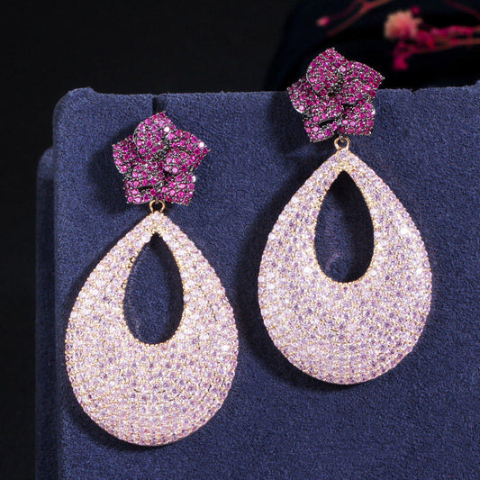 Big Rose Flower Dangle Earrings | Cubic Zirconia