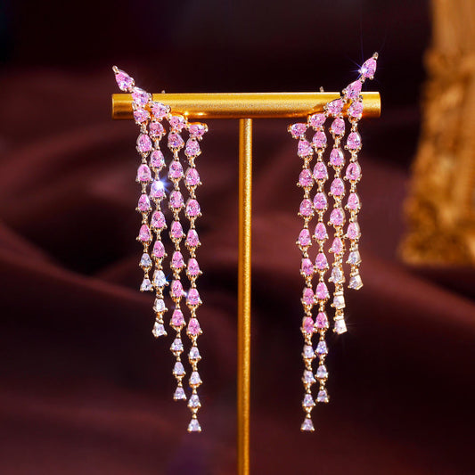 Pink Long Tassel Earrings | Cubic Zirconia