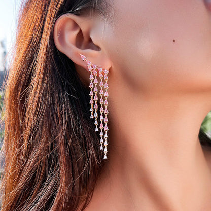 Pink Long Tassel Earrings | Cubic Zirconia