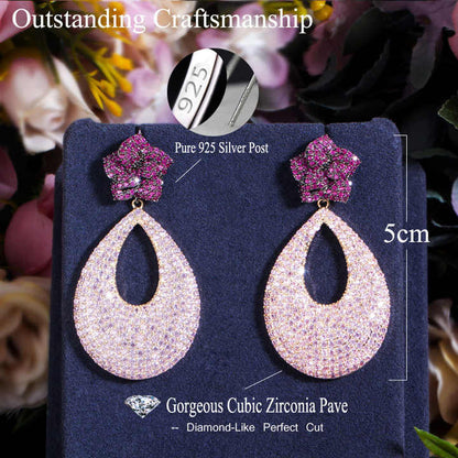 Big Rose Flower Dangle Earrings | Cubic Zirconia