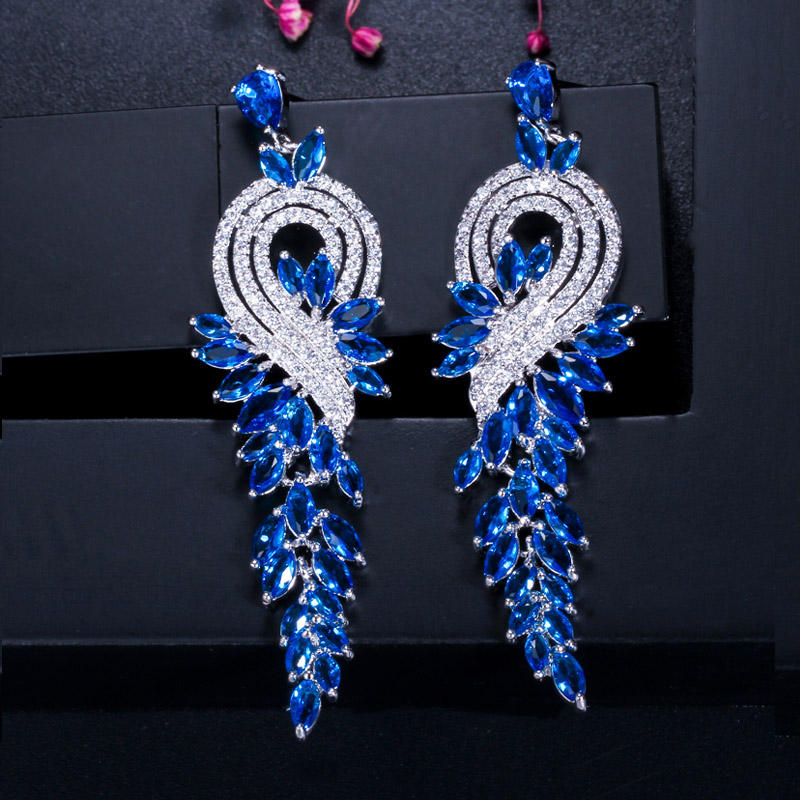 Long Leaf Shape Cubic Zirconia Drop Earrings