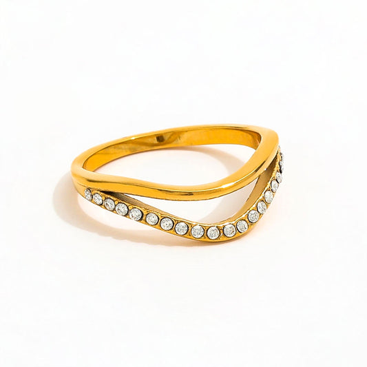 Double-layer Dainty Half Paved Waved Ring | 18K Gold Plated
