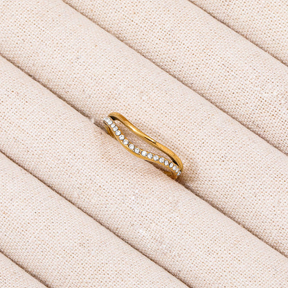 Double-layer Dainty Half Paved Waved Ring | 18K Gold Plated