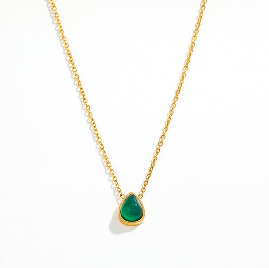 Green Water Drop Dainty Pendant Necklace | 18K Gold Plated