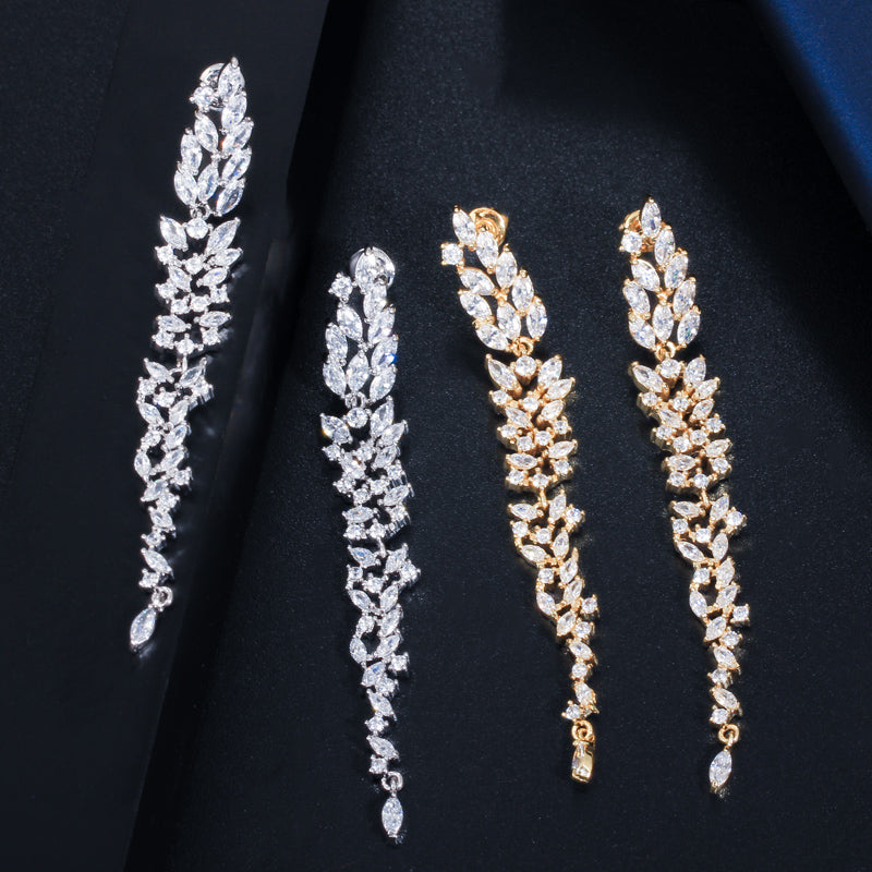Leaf Design Cubic Zirconia Dangle Earrings
