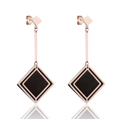 Black &amp; Rose Gold Square Drop Stainless Steel Dangle Earrings