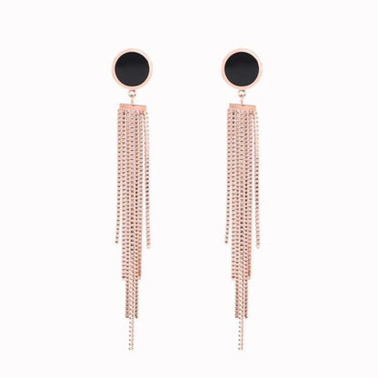Long Tassel Earrings | Black &amp; Rose Gold Stainless Steel