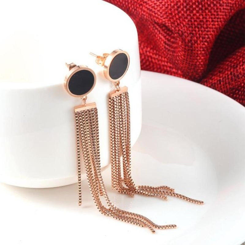 Long Tassel Earrings | Black &amp; Rose Gold Stainless Steel