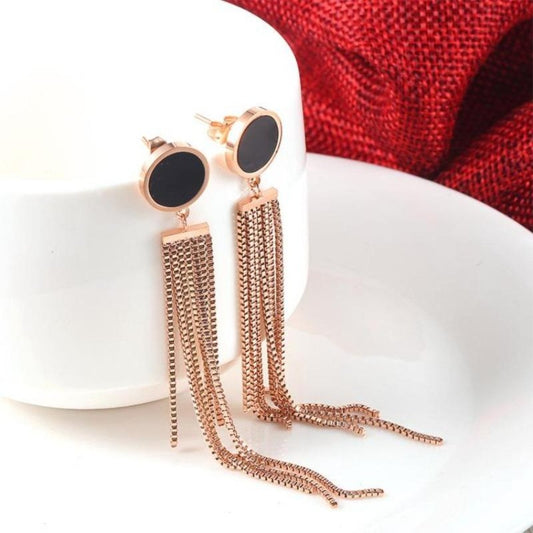 Long Tassel Earrings | Black &amp; Rose Gold Stainless Steel