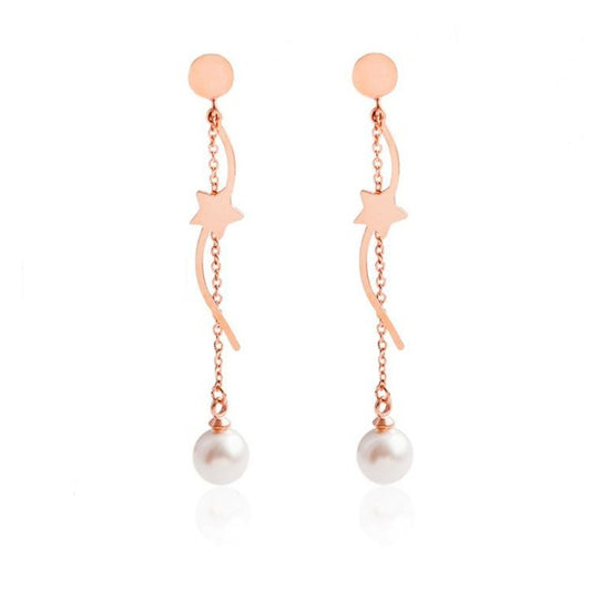Chain &amp; Curved Bar Stainless Steel Rose Gold Pearl Drop Earrings
