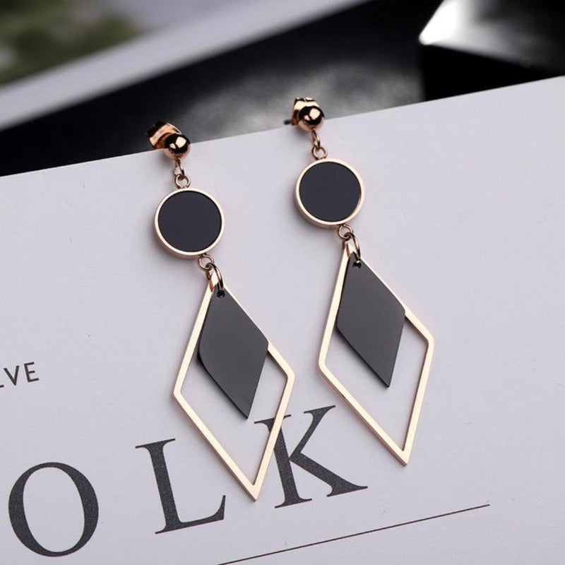Geometric Black and Rose Gold Stainless Dangle Earrings