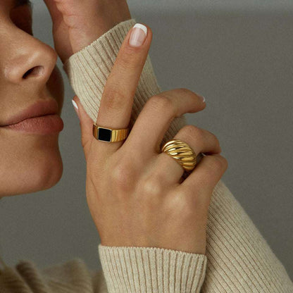 Unisex Black Signet 18K Gold Plated Ring