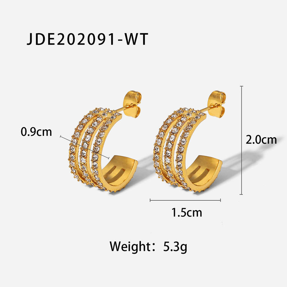 C Shaped 18K Gold Plated CZ Hoop Earrings