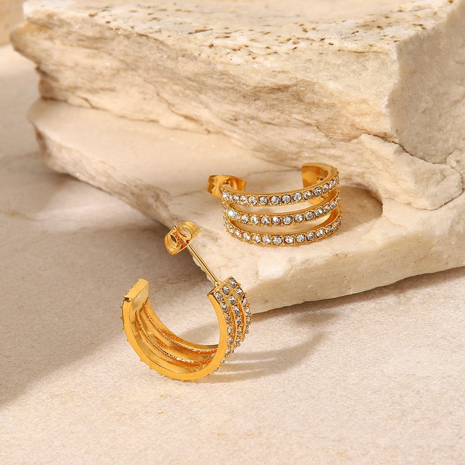 C Shaped 18K Gold Plated CZ Hoop Earrings