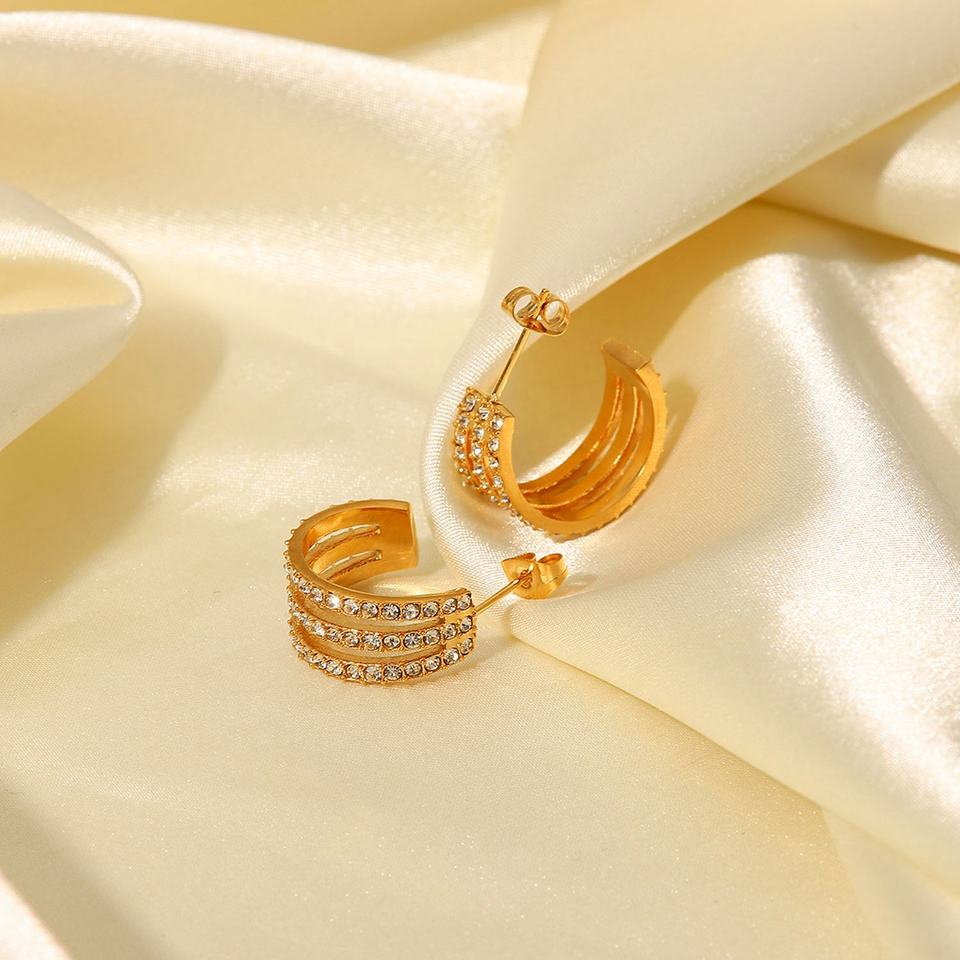 C Shaped 18K Gold Plated CZ Hoop Earrings