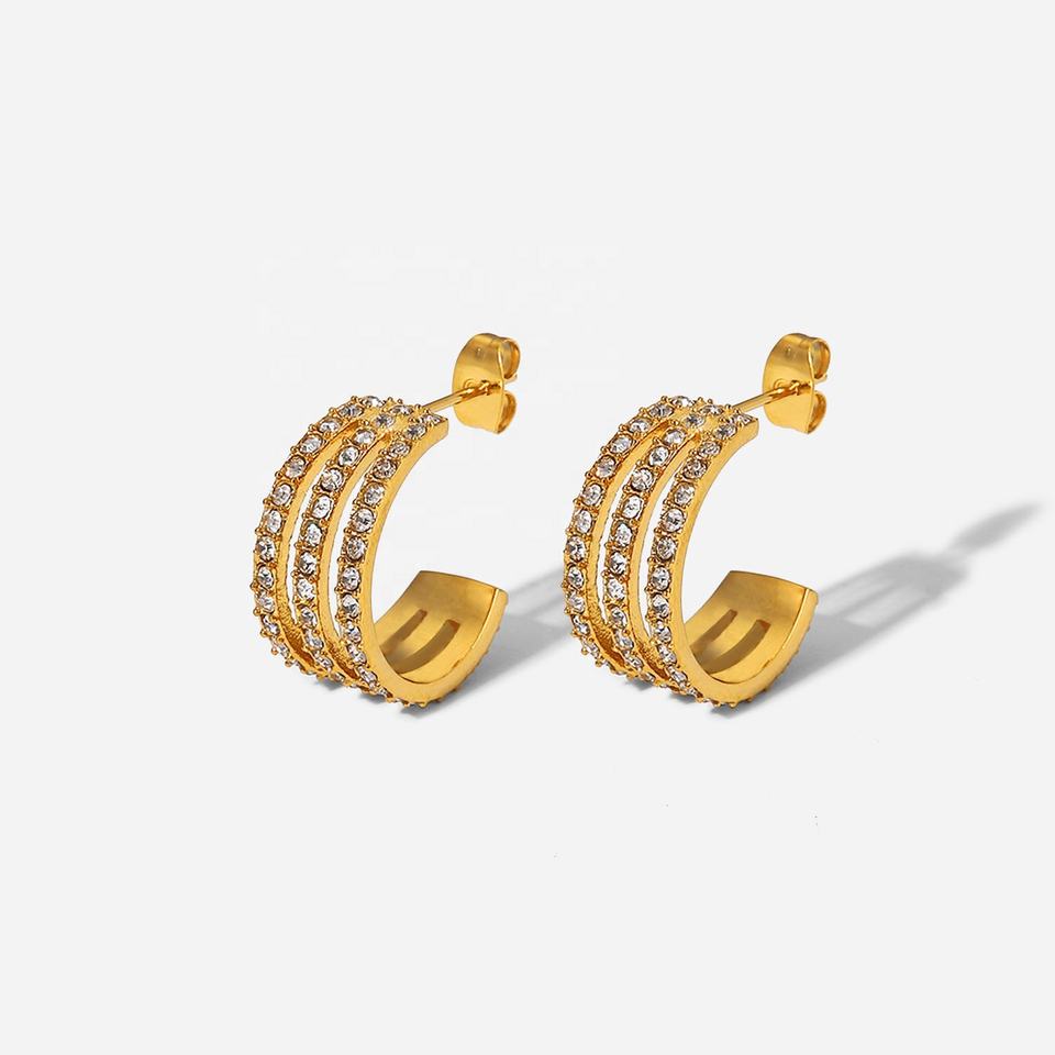 C Shaped 18K Gold Plated CZ Hoop Earrings