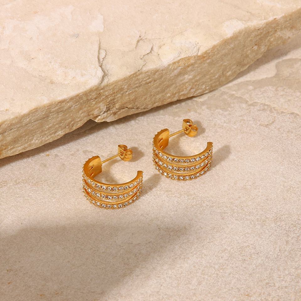 C Shaped 18K Gold Plated CZ Hoop Earrings
