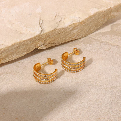 C Shaped 18K Gold Plated CZ Hoop Earrings